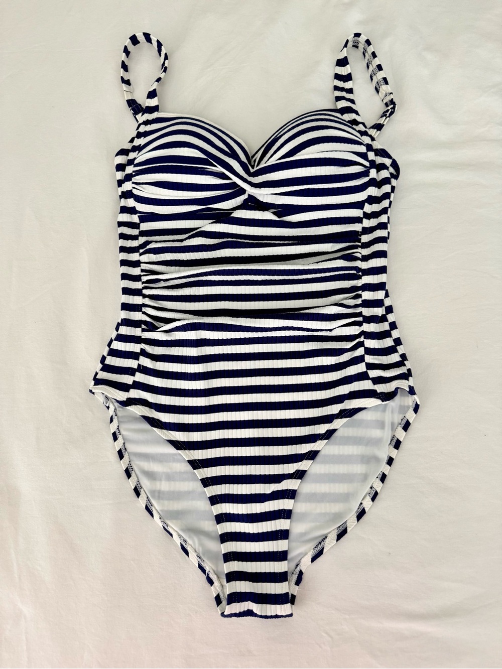 Nip Tuck Swim Navy Blue White Striped Ruched One Piece Swimsuit Coastal Size 6